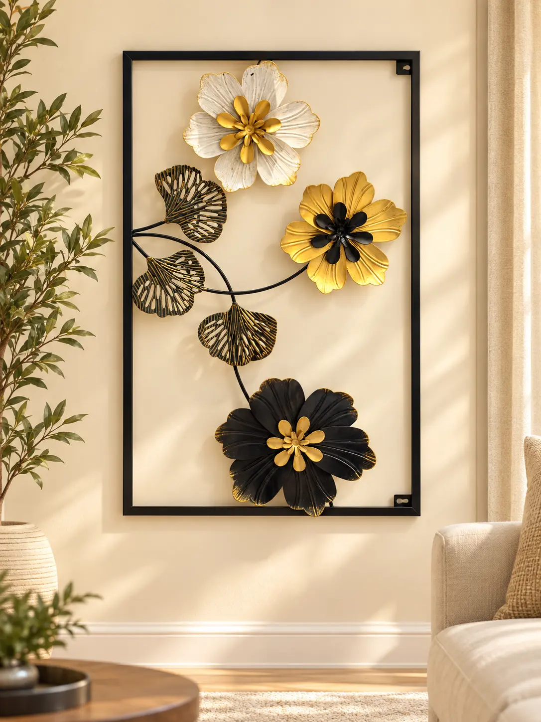 Black Frame Floral Metal Wall Art with Gold Accents