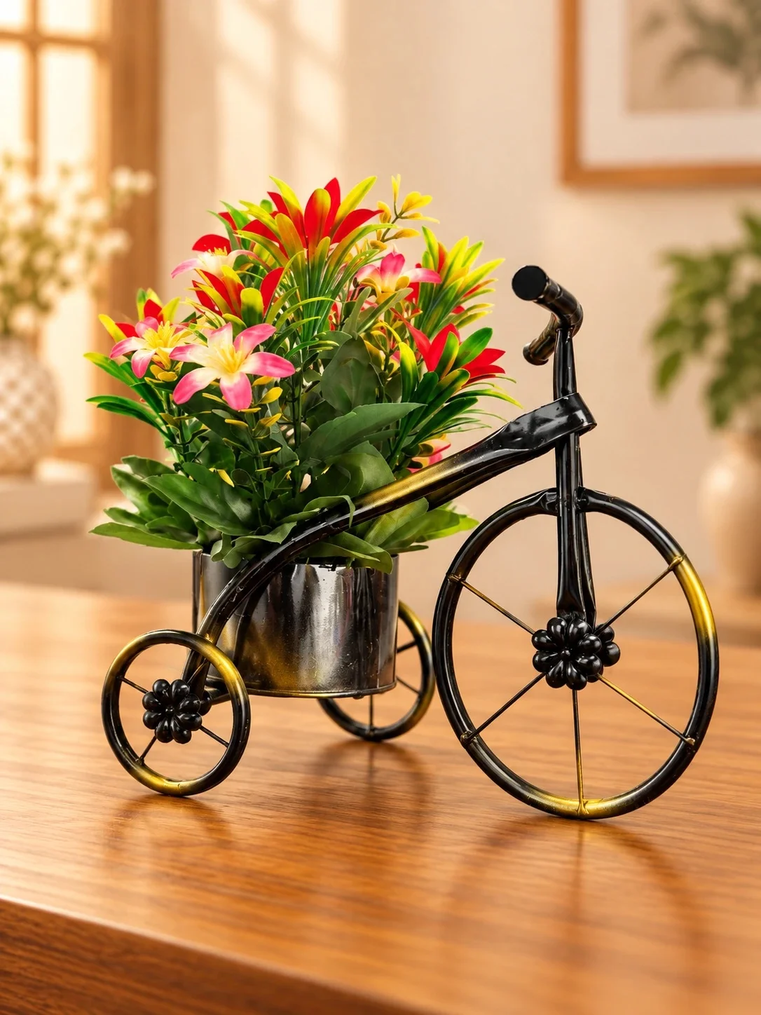 Black & Gold Bicycle Planter with Artificial Flowers