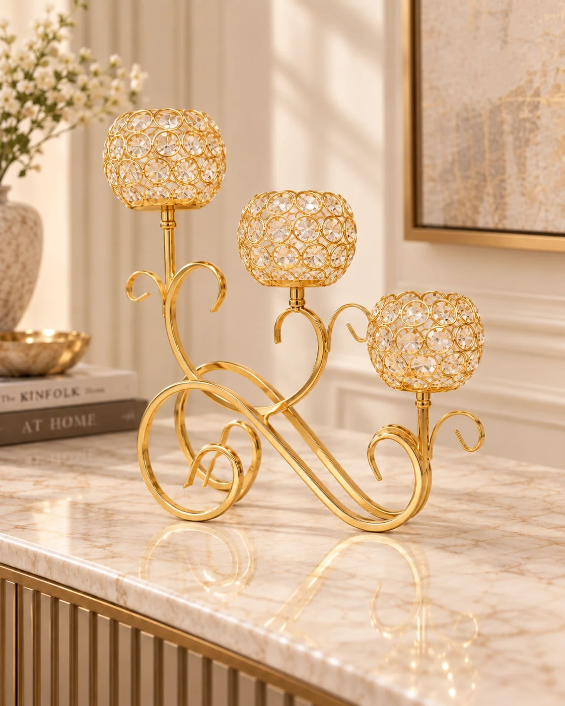 Gold Crystal 3-Arm Candle Holder
