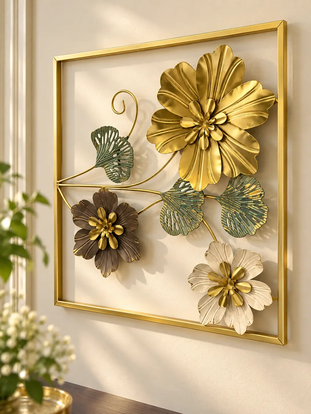 Gold Frame Floral Metal Wall Art with Teal Leaves