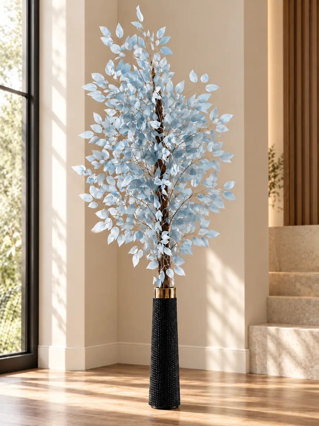 Powder Blue Artificial Foliage Tree in Black Vase