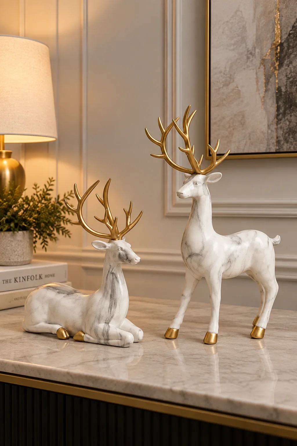 White Marble Effect Deer Figurines – Set of 2