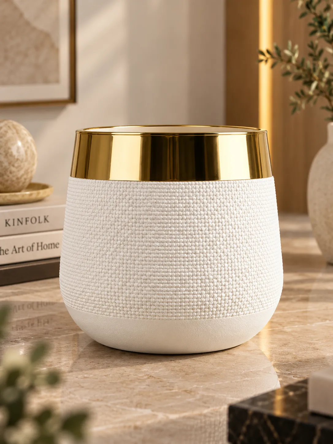White Plant Fiber Pot with Gold Rim