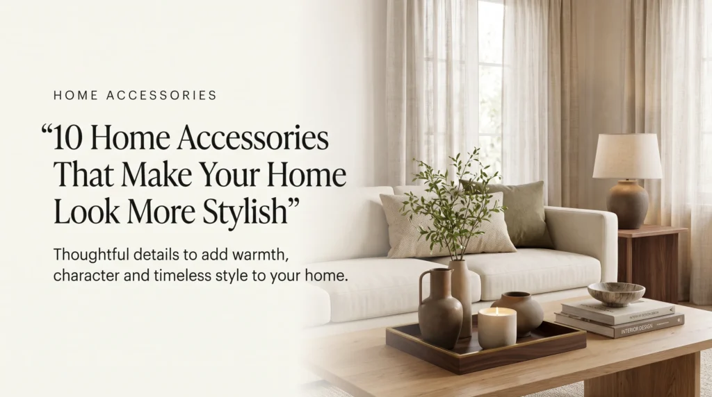 Stylish home accessories including ceramic vases, decorative tray, candle and cushions