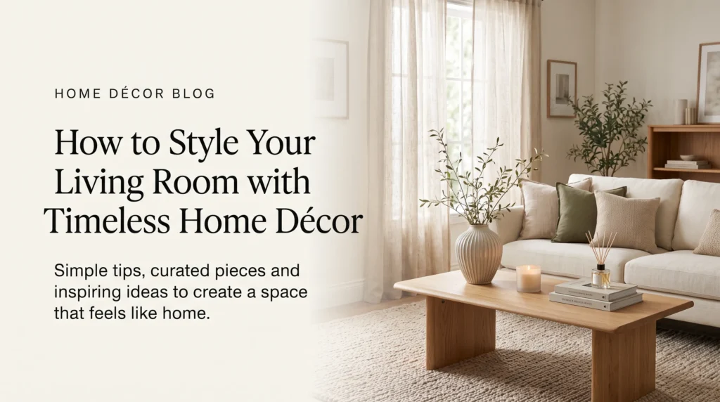 Neutral living room with beige sofa, decorative vases and wooden coffee table