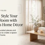 Neutral living room with beige sofa, decorative vases and wooden coffee table