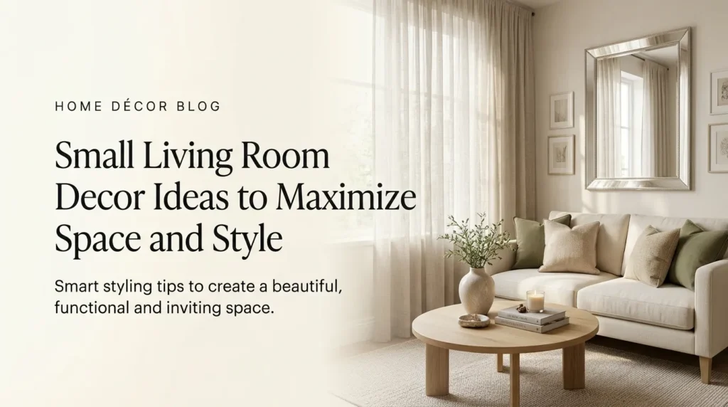 Small living room with cream sofa, round wooden coffee table and elegant neutral decor