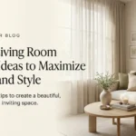 Small living room with cream sofa, round wooden coffee table and elegant neutral decor